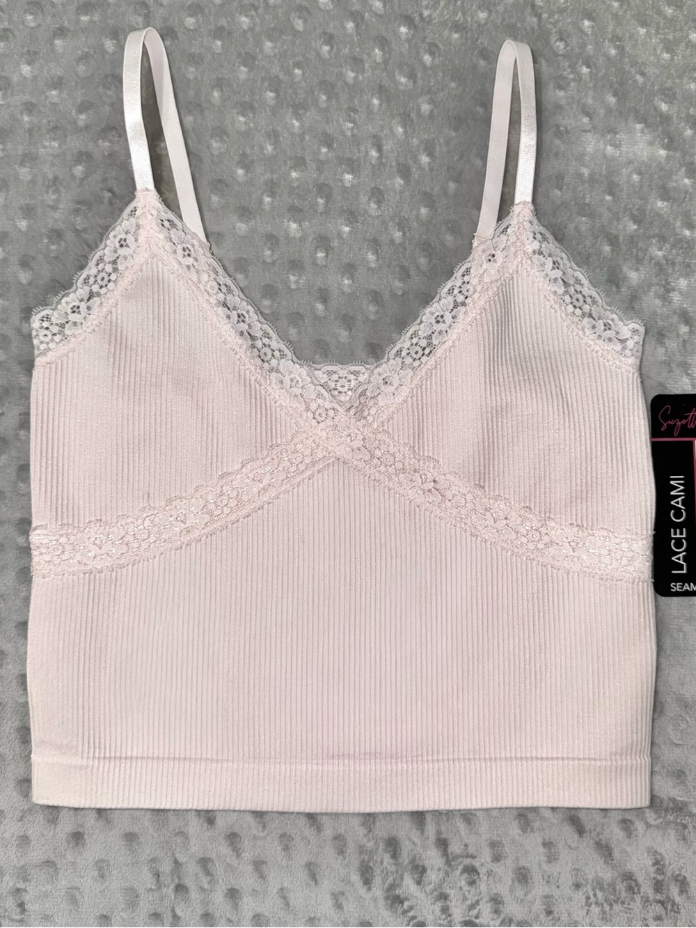 Suzette Lace Trim Cami Seamless Ribbed Lace Camisole Light Pink NWT